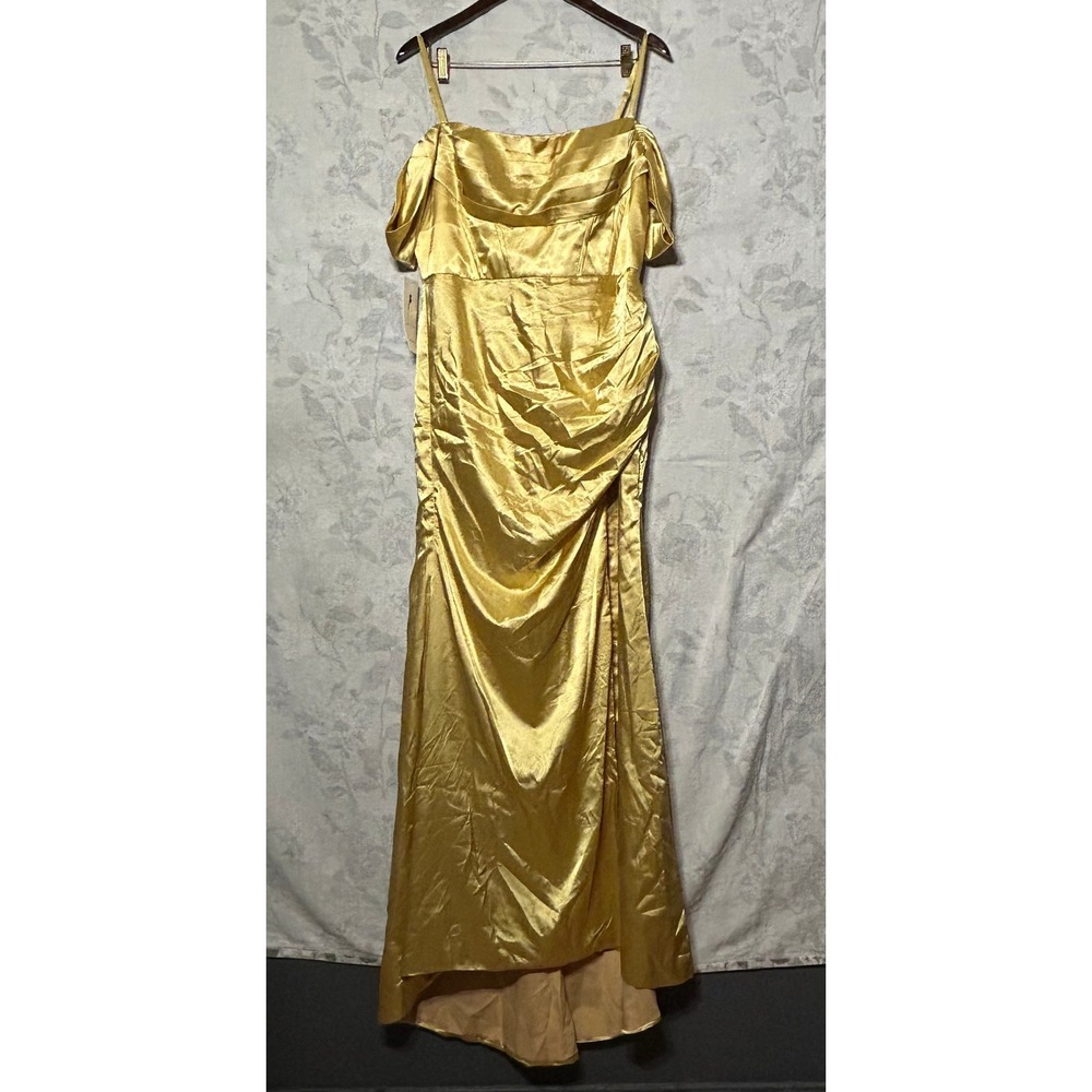 Gold Satin Corset Lace Up Back Ruched Gown Formal Evening Dress